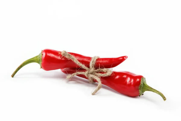 Red hot chili peppers tied with rope isolated on white — Stock Photo, Image