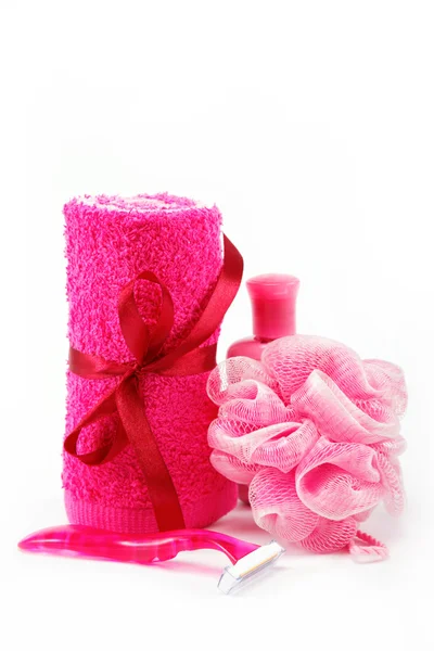 Pink accessory for spa over white background. — Stock Photo, Image