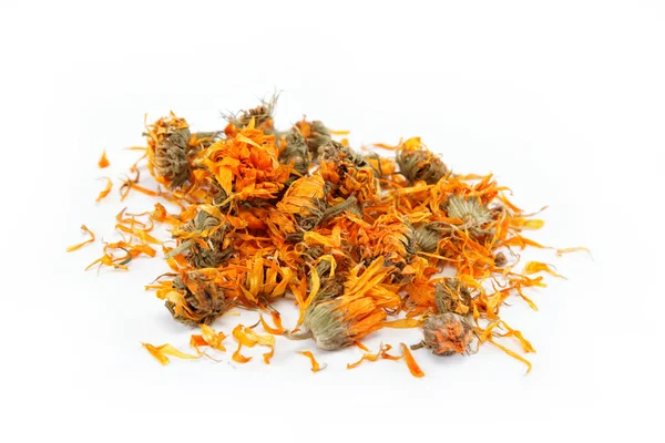 Herbs. Dried calendula or pot marigold flowers isolated on white — Stock Photo, Image