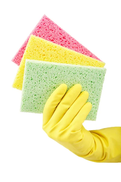 Hand with rubber glove and cleaning sponge on white background — Stock Photo, Image