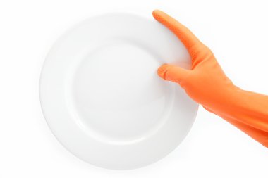 lastik eldiven plaka üzerinde beyaz bir arka planda tutan el.