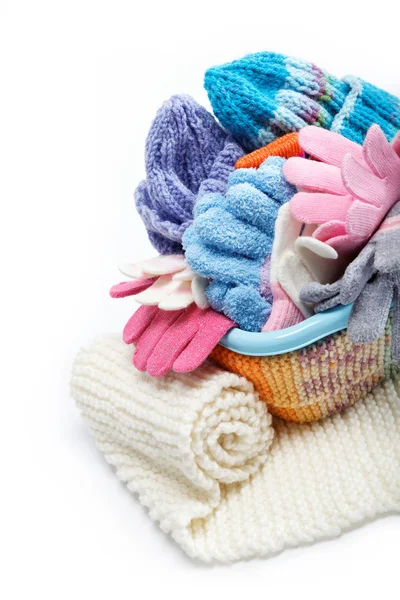 Winter accessory collection. Hat, scarf and mittens in the conta — Stock Photo, Image