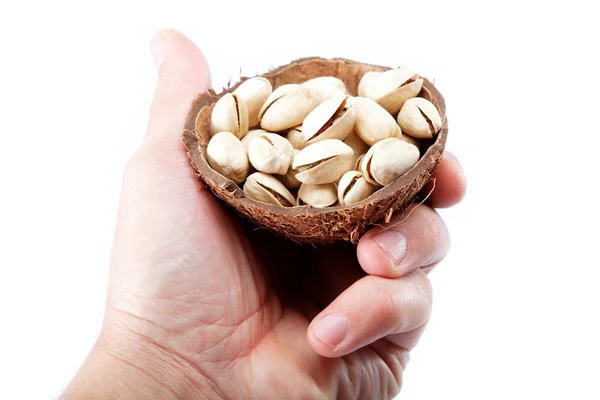 Mano con pistacchi in guscio di cocco, isolato su dorso bianco — Foto Stock