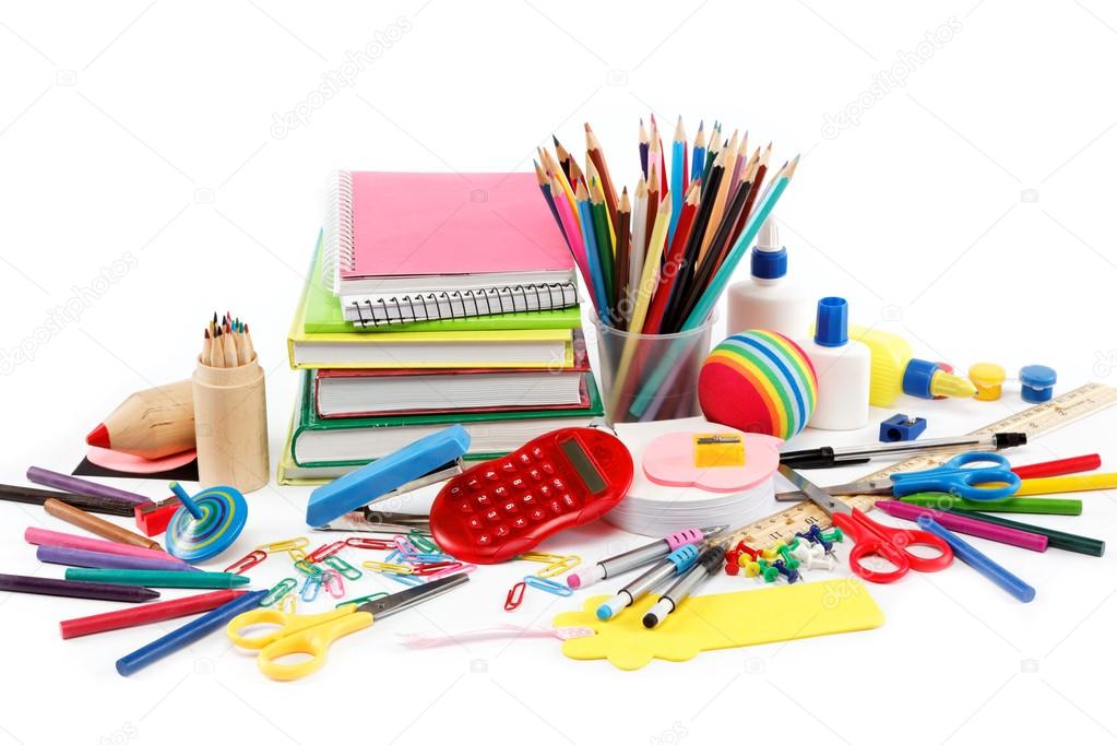 School and office supplies on white background. Back to school. — Stock