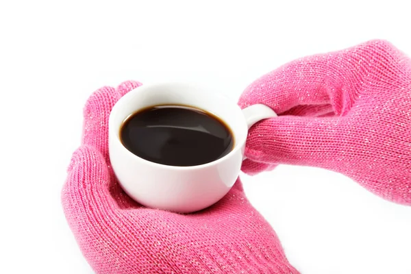 Women's hands in pink gloves with a cup of coffee isolated on wh — Stock Photo, Image