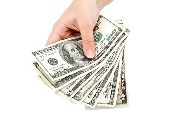 Ženská ruka s penězi izolovaných na bílém pozadí. Dolar bi — Stock fotografie