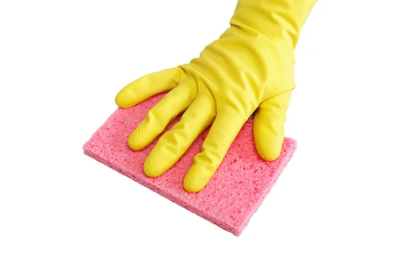 Hand in glove with sponge isolated on white background. — Stock Photo, Image