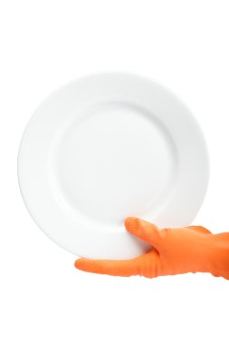 lastik eldiven plaka üzerinde beyaz bir arka planda tutan el.