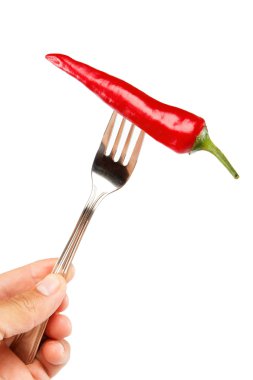 red Hot chili biber el çelik çatal üzerinde Impaled izole