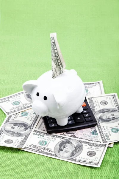 Piggy bank with a calculator and American dollar bills on the gr — Stock Photo, Image
