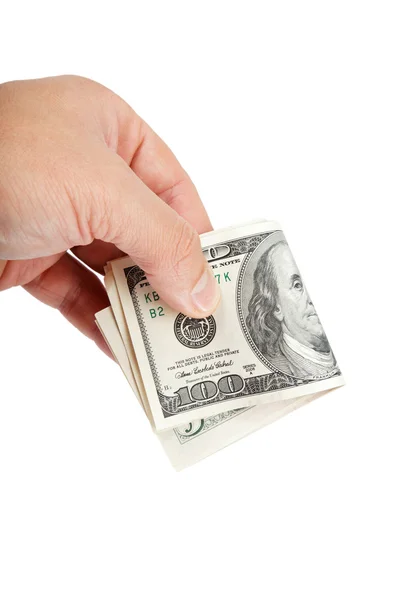 Mão com dinheiro isolado no fundo branco — Fotografia de Stock
