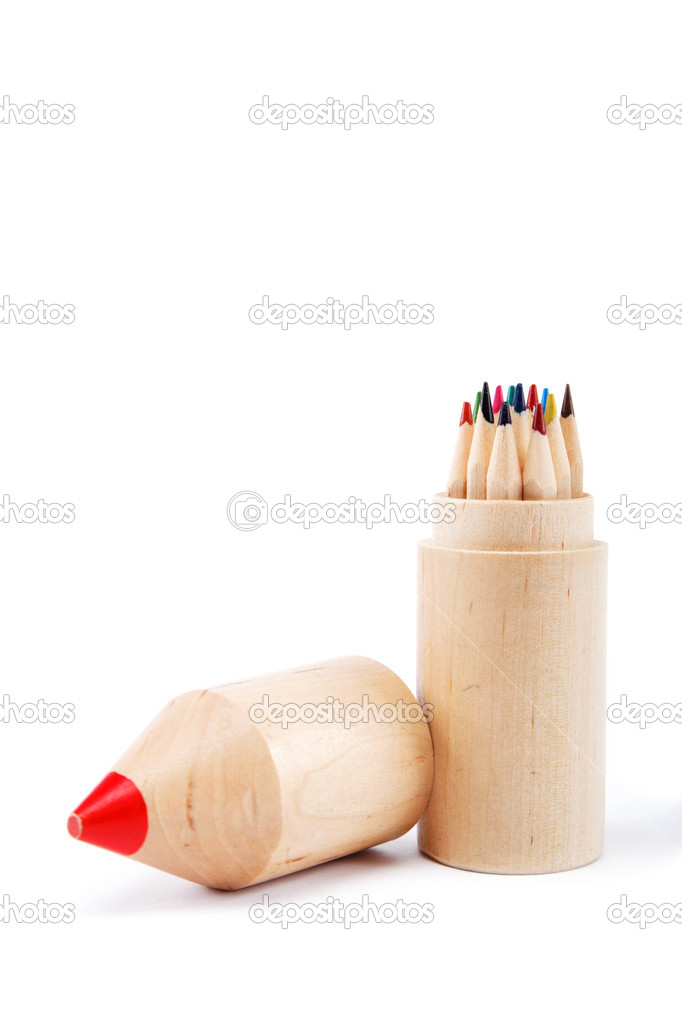 Close up of color pencils with different color over white backgr