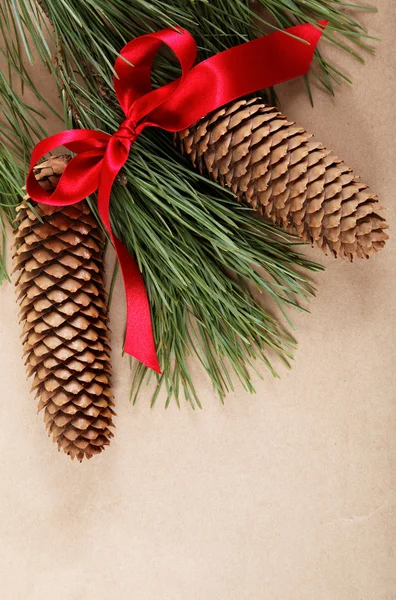 Weihnachtsdekoration. Fichtenzweig mit Zapfen und rotem Band. — Stockfoto