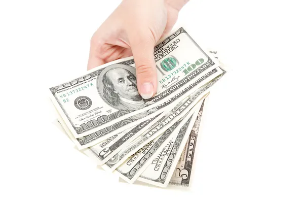 Γυναικείο χέρι με χρήματα που απομονώνονται σε λευκό φόντο. Δολάριο bi — Stockfoto