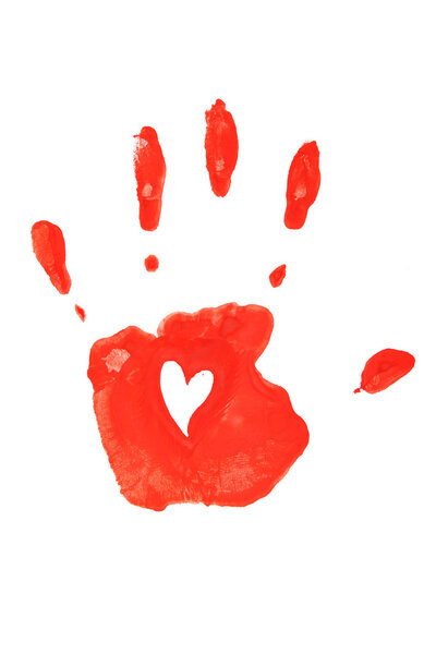 Handprint in red isolated on white background.
