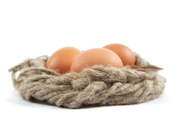 Huevos marrones en saco de lona aislados sobre fondo blanco — Foto de Stock