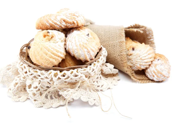 Cookies with powdered sugar in a linen package on white backgrou — Stock Photo, Image