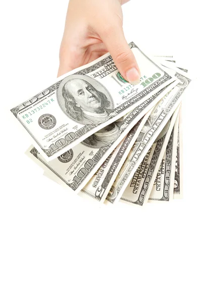 Mão feminina com dinheiro isolado num fundo branco. Dólar bi — Fotografia de Stock