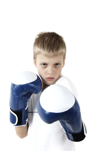 Le garçon en gants de boxe isolé sur fond blanc . — Photo