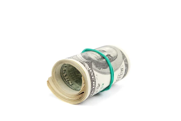 Roll of money isolated on white background. One hundred dollar b — Stock Photo, Image