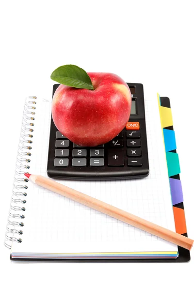 Apple and office supplies on white background. Back to school. — Stock Photo, Image