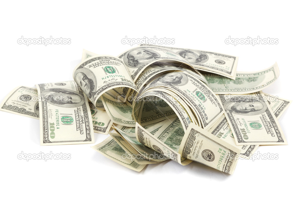 Heap of one hundred dollar bills U.S. on white background