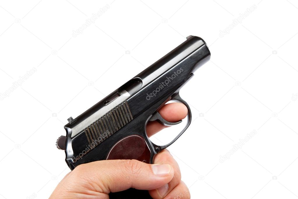Gun in hand on a white background.