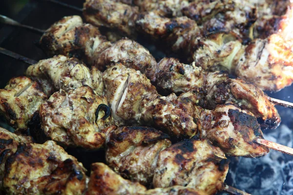 Shish kebab on the grill with smoke. — Stock Photo, Image