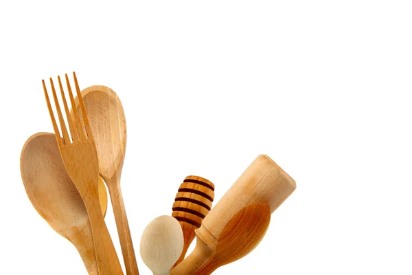 Kochutensilien aus Holz isoliert auf weißem Hintergrund. — Stockfoto