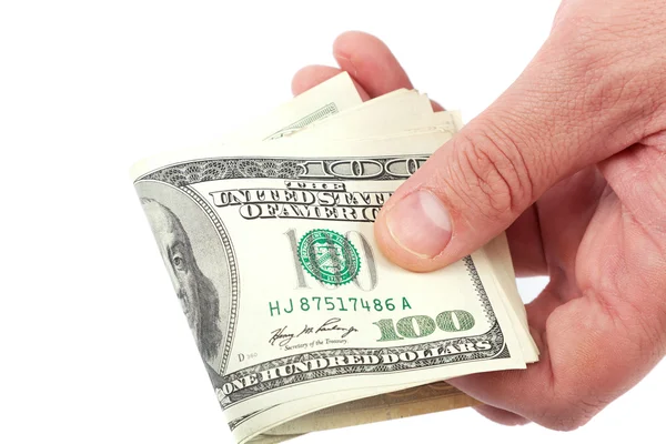 Dinheiro americano notas de cem dólares na mão . — Fotografia de Stock