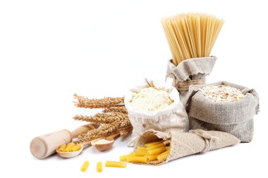 Flour, cereals, pasta in a canvas bag and ear. clipart