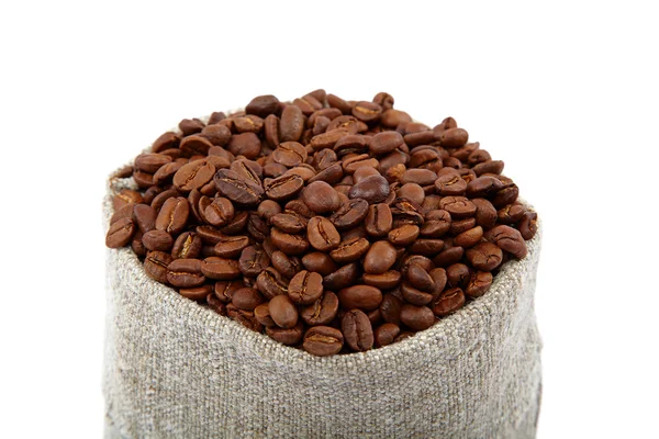 Kávová zrna v plátěném sáčku. — Stock fotografie