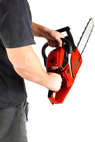 Man with gasoline chain saw in hand. — Stock Photo, Image