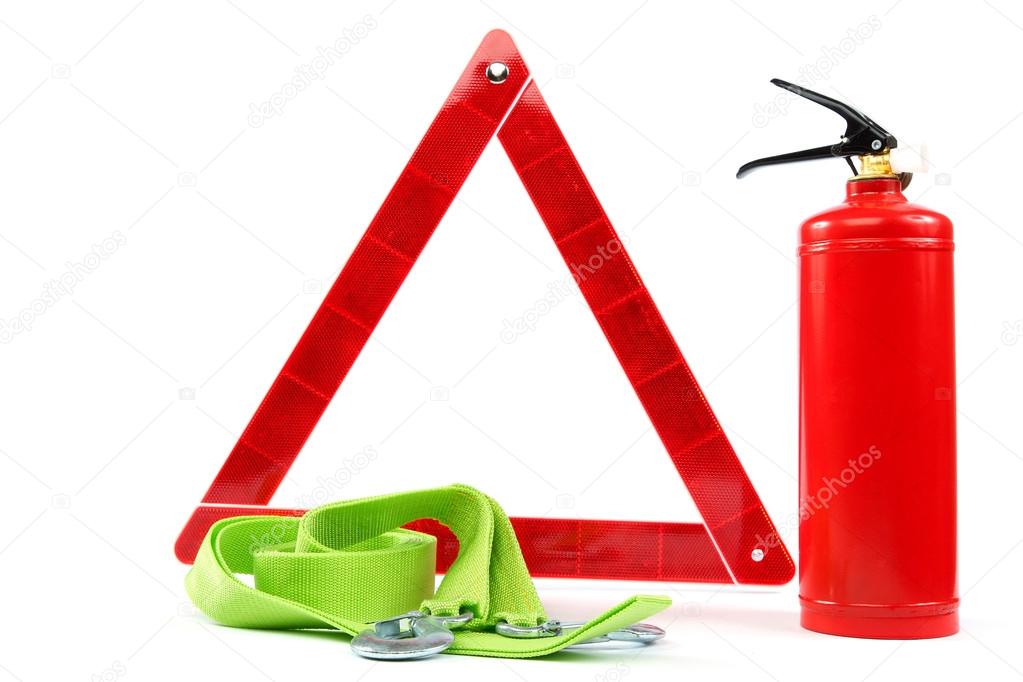 Car kit. Fire extinguisher, emergency sign and tow rope.