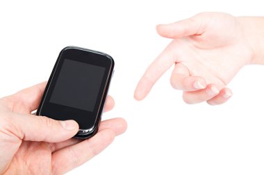 eller touch cep telefonu beyaz zemin üzerine izole.