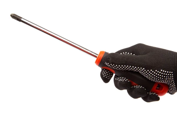 Hand with glove holding a screwdriver on white background. — Stock Photo, Image