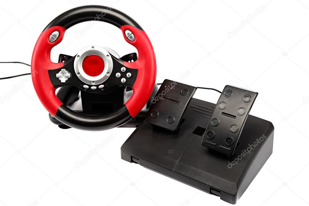 Game console with a steering wheel and pedals.