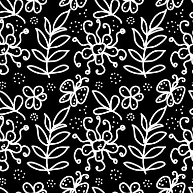 siyah-beyaz çiçek karalamalar seamless modeli