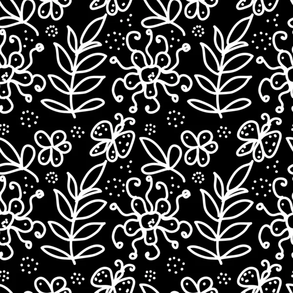 黒と白の花のいたずら書きのシームレスなパターン — ストックベクタ