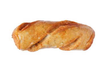 Beyaz arka planda izole edilmiş sarımsaklı sosis.