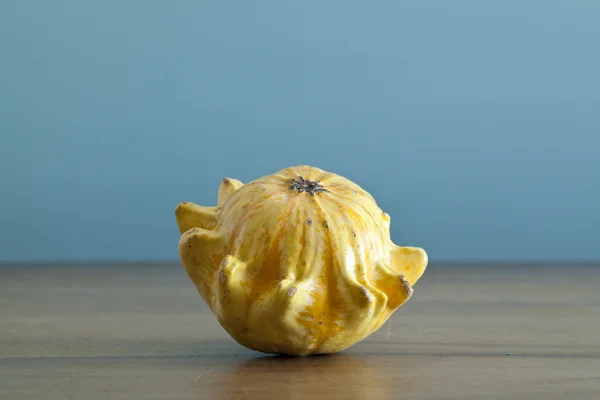 Yellow pumpkin cute on wooden table blue background — Stock Photo, Image