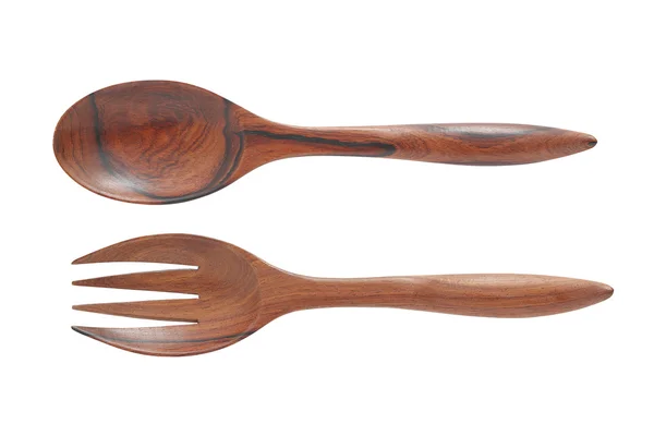 Cucchiaio e forchetta in legno isolati su sfondo bianco — Foto Stock