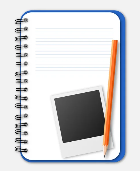 Cuaderno con fotografía y lápiz — Vector de stock