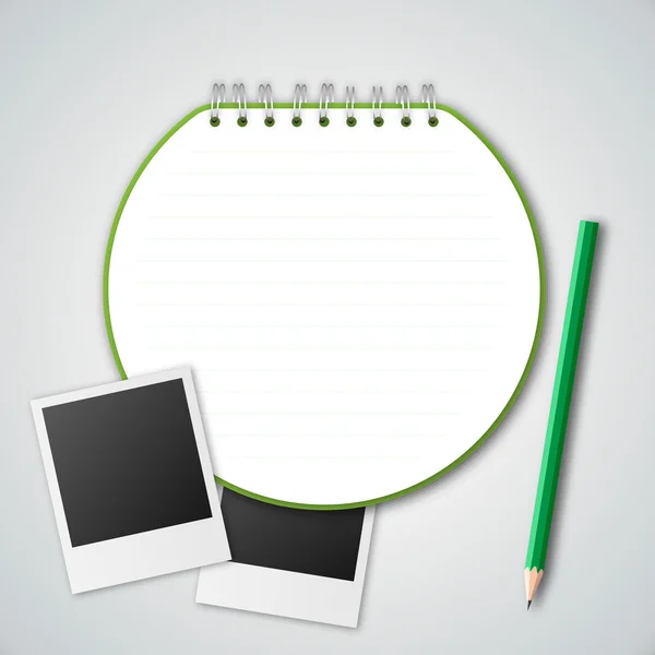Notebook, fotolijstjes en potlood — Stockvector