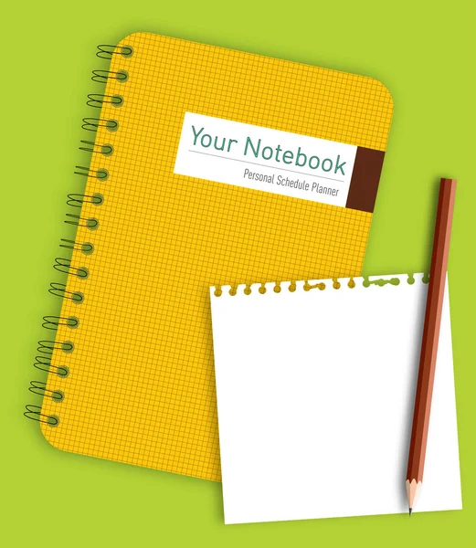 Notizpapier mit Bleistift auf gelbem Notizbuch — Stockvektor