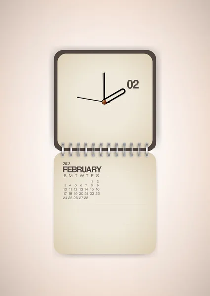 2013 Calendar Old Note Paper February Clock — Stock Vector