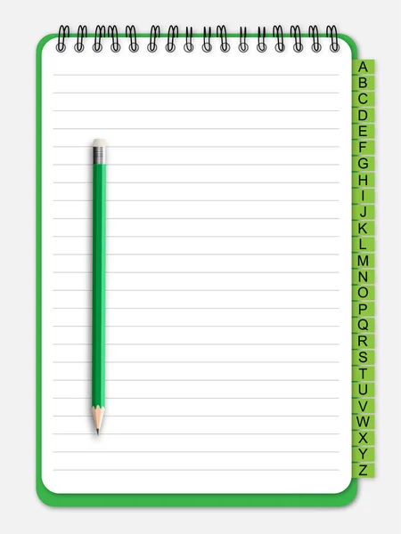 Grünes Notizbuch mit Lesezeichen und Bleistift — Stockvektor