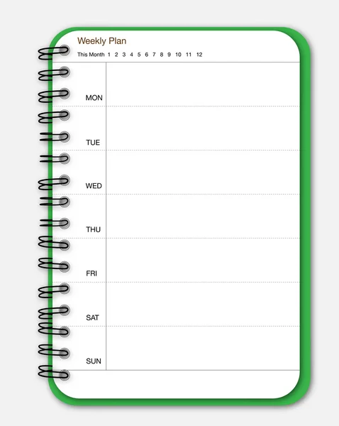 Green notebook weekly planner — Stock Vector