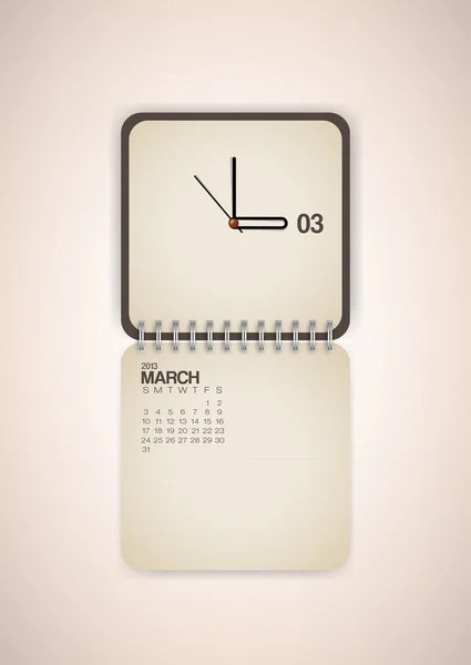 Kalendář 2013 březen hodiny — Stockový vektor