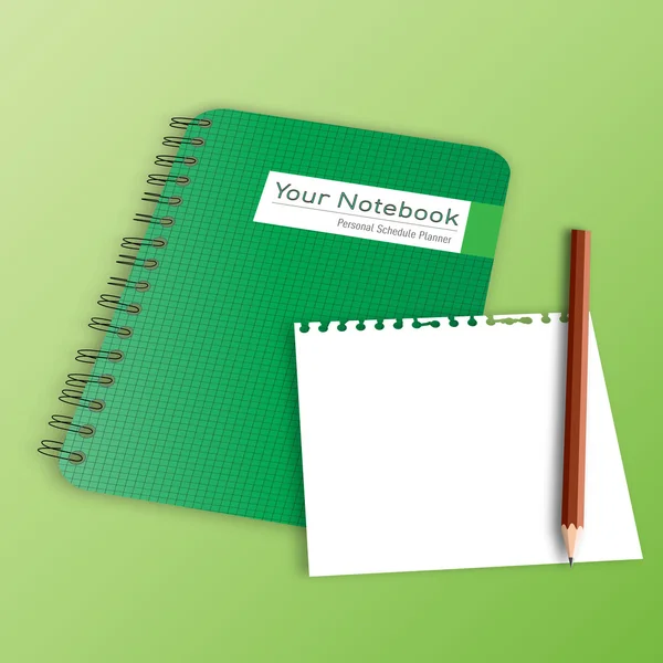 Note paper with pencil on green notebook — Stock Vector